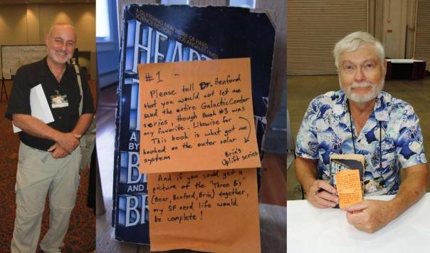 See? That’s Gregory Benford holding my brother’s book post-signature, and that’s David Brin *thinking* about my brother’s book. Or, you know, space. Or cheese. 