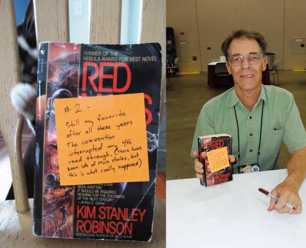 Single-author books are a bit easier. That’s Kim Stanley Robinson, who was very nice about me fucking up the first photo and having to re-take.